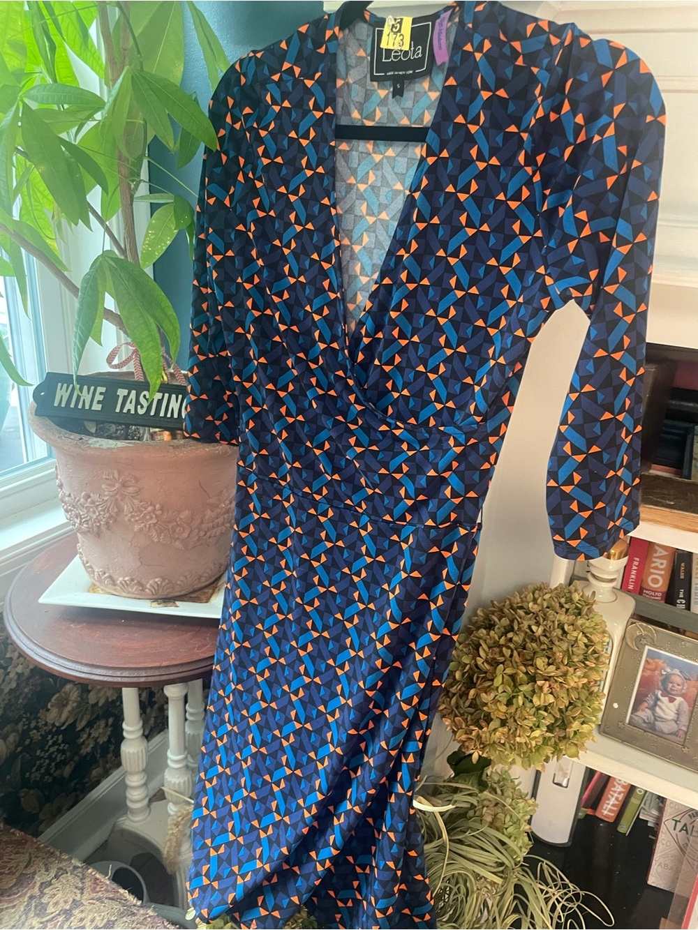 Leota Navy and Orange Geometric Wrap Dress